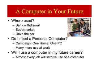 A Computer in Your Future
• Where used?
– Bank withdrawal
– Supermarket
– Drive the car
• Do I need a Personal Computer?
– Campaign: One Home, One PC
– Many more use at work
• Will I use a computer in my future career?
– Almost every job will involve use of a computer
 
