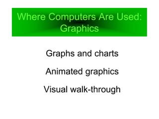 Where Computers Are Used:
Graphics
Graphs and charts
Animated graphics
Visual walk-through
 