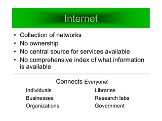 Internet
• Collection of networks
• No ownership
• No central source for services available
• No comprehensive index of what information
is available
Individuals
Businesses
Organizations
Libraries
Research labs
Government
Connects Everyone!
 