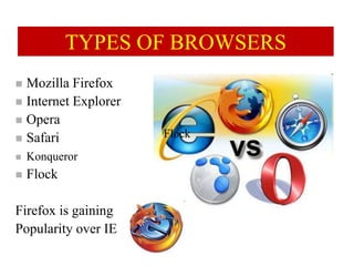 TYPES OF BROWSERS
 Mozilla Firefox
 Internet Explorer
 Opera
 Safari
 Konqueror
 Flock
Firefox is gaining
Popularity over IE
Flock
 
