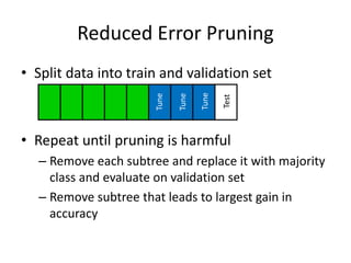 Reduced Error Pruning
• Split data into train and validation set
• Repeat until pruning is harmful
– Remove each subtree and replace it with majority
class and evaluate on validation set
– Remove subtree that leads to largest gain in
accuracy
Test
Tune
Tune
Tune
 
