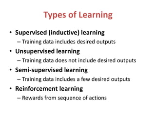 Types of Learning
• Supervised (inductive) learning
– Training data includes desired outputs
• Unsupervised learning
– Training data does not include desired outputs
• Semi-supervised learning
– Training data includes a few desired outputs
• Reinforcement learning
– Rewards from sequence of actions
 