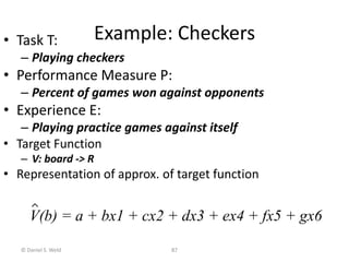 © Daniel S. Weld 87
Example: Checkers
• Task T:
– Playing checkers
• Performance Measure P:
– Percent of games won against opponents
• Experience E:
– Playing practice games against itself
• Target Function
– V: board -> R
• Representation of approx. of target function
V(b) = a + bx1 + cx2 + dx3 + ex4 + fx5 + gx6
 