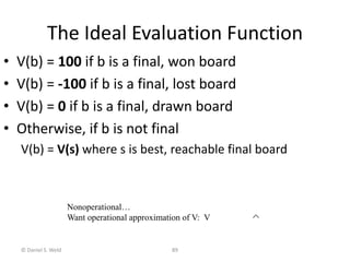 © Daniel S. Weld 89
The Ideal Evaluation Function
• V(b) = 100 if b is a final, won board
• V(b) = -100 if b is a final, lost board
• V(b) = 0 if b is a final, drawn board
• Otherwise, if b is not final
V(b) = V(s) where s is best, reachable final board
Nonoperational…
Want operational approximation of V: V
 