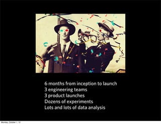 6 months from inception to launch
                        3 engineering teams
                        3 product launches
                        Dozens of experiments
                        Lots and lots of data analysis

Monday, October 1, 12
 