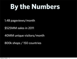 By the Numbers
         1.4B pageviews/month

         $525MM sales in 2011

         40MM unique visitors/month

         800k shops / 150 countries



Monday, October 1, 12
 