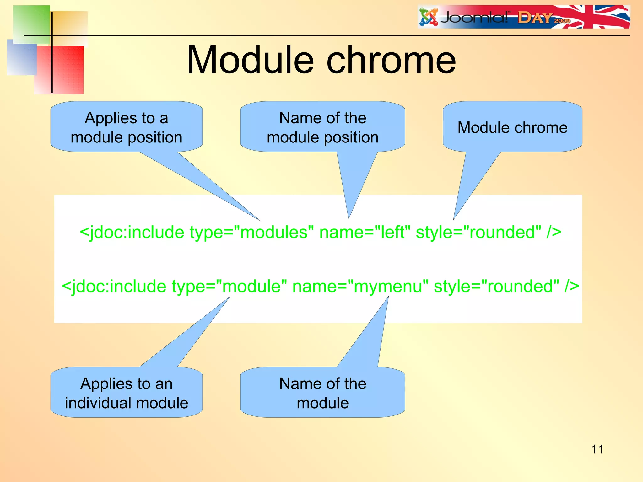 Module chrome <jdoc:include type=&quot;modules&quot; name=&quot;left&quot; style=&quot;rounded&quot; /> <jdoc:include type=&quot;module&quot; name=&quot;mymenu&quot; style=&quot;rounded&quot; /> Applies to a module position Name of the module position Module chrome Applies to an individual module  Name of the module 