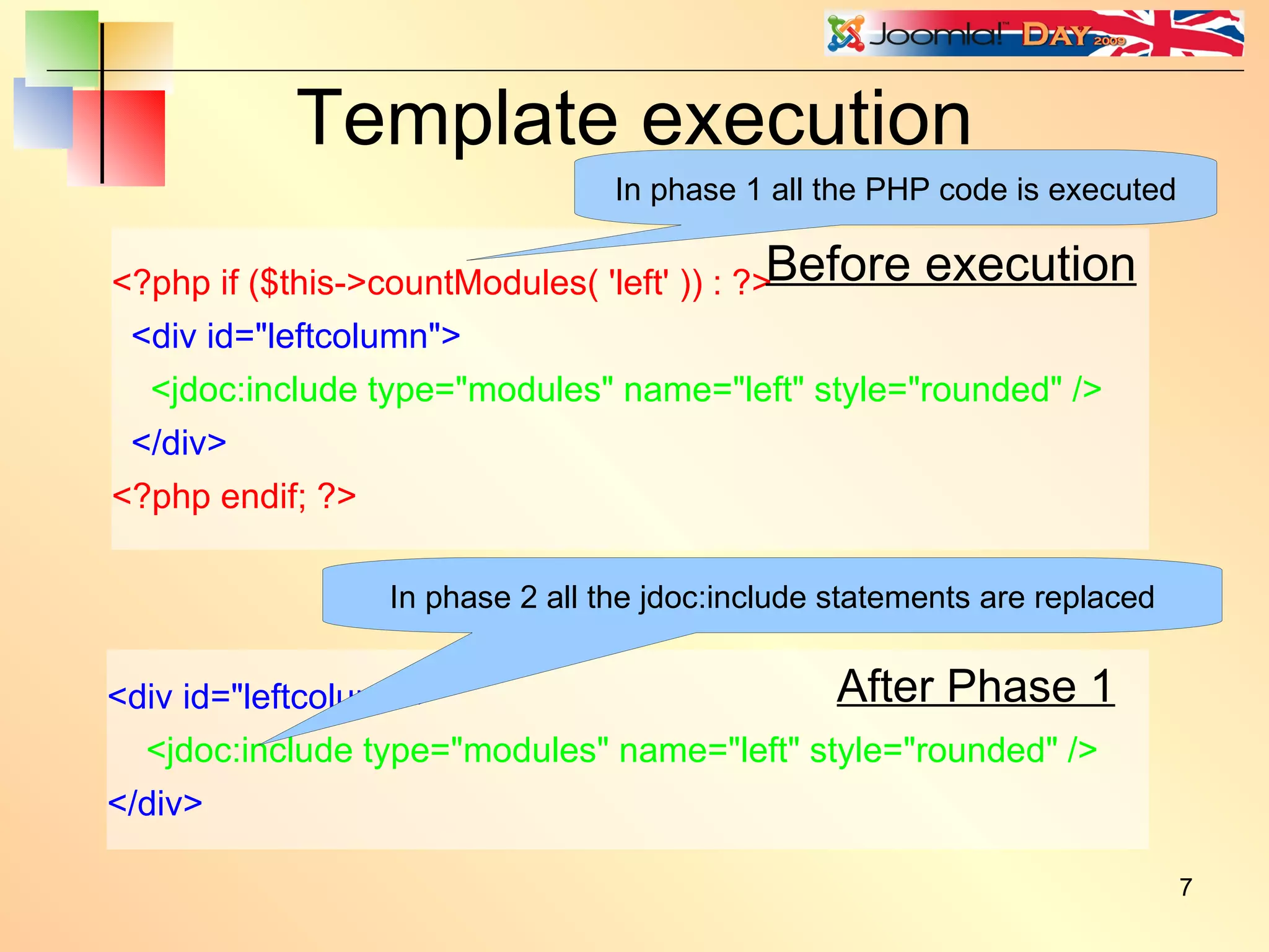 Template execution <?php if ($this->countModules( 'left' )) : ?> <div id=&quot;leftcolumn&quot;> <jdoc:include type=&quot;modules&quot; name=&quot;left&quot; style=&quot;rounded&quot; /> </div> <?php endif; ?> <div id=&quot;leftcolumn&quot;> <jdoc:include type=&quot;modules&quot; name=&quot;left&quot; style=&quot;rounded&quot; /> </div> Before execution After Phase 1 In phase 1 all the PHP code is executed In phase 2 all the jdoc:include statements are replaced 