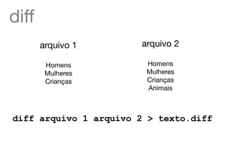 diff
       arquivo 1       arquivo 2

        Homens          Homens
        Mulheres        Mulheres
        Crianças        Crianças
                        Animais



diff arquivo 1 arquivo 2 > texto.diff
 
