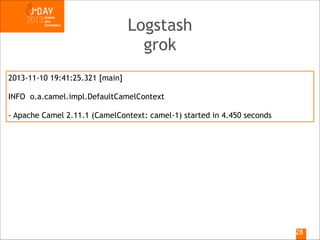 Logstash
grok
2013-11-10 19:41:25.321 [main]
INFO o.a.camel.impl.DefaultCamelContext

!

- Apache Camel 2.11.1 (CamelContext: camel-1) started in 4.450 seconds

!28

 