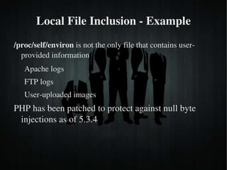 SQL Injection – Example 1 $id  = JRequest::getVar( 'id' ); $query  =  'SELECT id, title FROM #__foobar WHERE id = '  .  $id ; $db  = JFactory::getDbo(); $db ->setQuery( $query ); $results  =  $db ->loadObject(); 