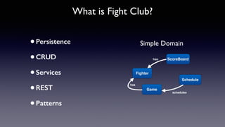 •Persistence
•CRUD
•Services
•REST
•Patterns
Simple Domain
Fighter
Schedule
ScoreBoard
Game
schedules
has
has
What is Fight Club?
 