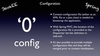 ‘0’ 
conﬁg
Conﬁguration
• Context conﬁguration ﬁle (either as an
XML ﬁle or a Java class) is needed to
bootstrap the application.
• With Spring MVC, the location of the
conﬁguration ﬁle is provided to the
Dispatcher Servlet deﬁnition in
web.xml.
• It’s also possible to provide multiple
conﬁguration ﬁles and they will be
merged prior to context initialization.
SpringJavaEE
 