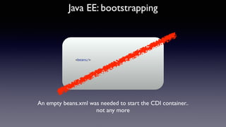 Java EE: bootstrapping
<beans/> 
An empty beans.xml was needed to start the CDI container..
not any more
 