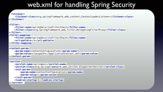 web.xml for handling Spring Security
<listener> 
<listener-class>org.springframework.web.context.ContextLoaderListener</listener-class> 
</listener> 
 
<filter> 
<filter-name>springSecurityFilterChain</filter-name> 
<filter-class>org.springframework.web.filter.DelegatingFilterProxy</filter-class> 
</filter> 
<filter-mapping> 
<filter-name>springSecurityFilterChain</filter-name> 
<url-pattern>/*</url-pattern> 
</filter-mapping> 
 
<context-param> 
<param-name>contextConfigLocation</param-name> 
<param-value>classpath*:/applicationContext.xml</param-value> 
</context-param> 
 
<servlet> 
<servlet-name>springmvc</servlet-name> 
<servlet-class>org.springframework.web.servlet.DispatcherServlet</servlet-class> 
<init-param> 
<param-name>contextConfigLocation</param-name> 
<param-value></param-value> 
</init-param> 
<load-on-startup>1</load-on-startup> 
</servlet>
 