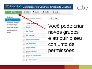 Você pode criar
novos grupos
e atribuir o seu
conjunto de
permissões.
 