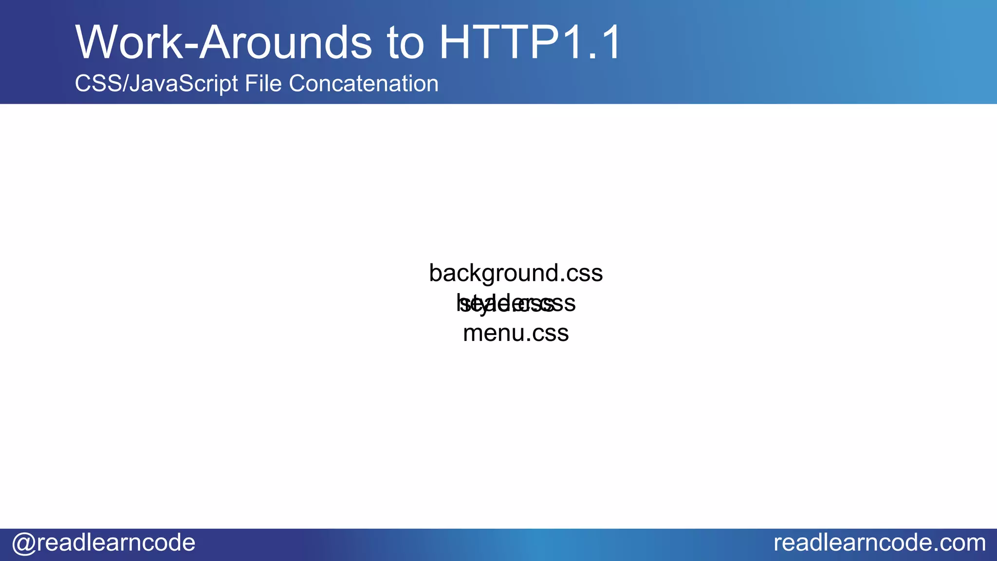 @readlearncode readlearncode.com
Work-Arounds to HTTP1.1
CSS/JavaScript File Concatenation
background.css
header.css
menu.css
style.css
 