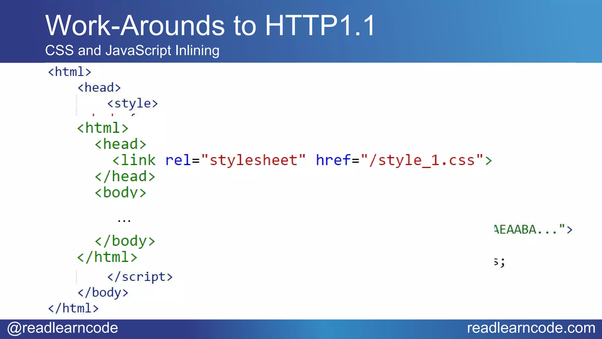 @readlearncode readlearncode.com
Work-Arounds to HTTP1.1
CSS and JavaScript Inlining
…
 