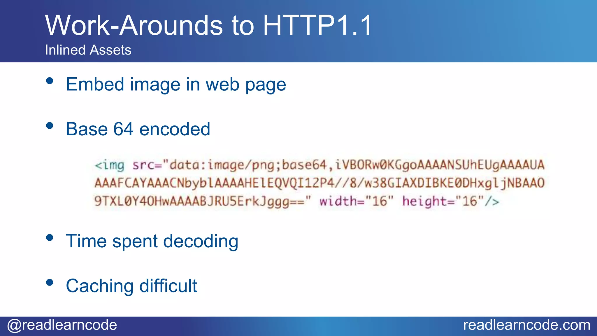 @readlearncode readlearncode.com
• Embed image in web page
• Base 64 encoded
• Time spent decoding
• Caching difficult
Work-Arounds to HTTP1.1
Inlined Assets
 