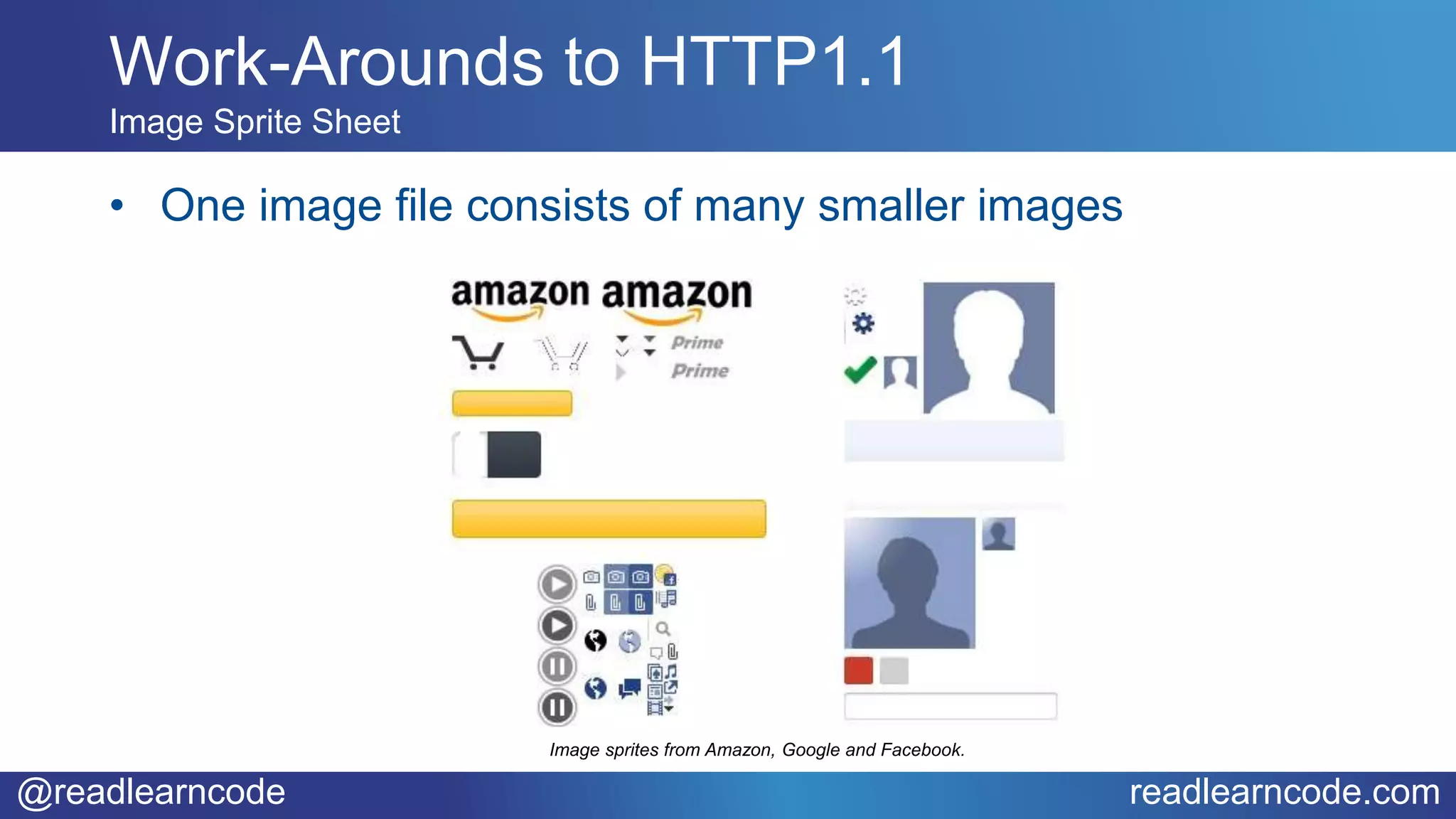 @readlearncode readlearncode.com
• One image file consists of many smaller images
Work-Arounds to HTTP1.1
Image Sprite Sheet
Image sprites from Amazon, Google and Facebook.
 
