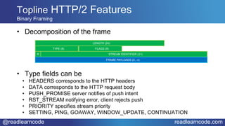 @readlearncode readlearncode.com
• Decomposition of the frame
• Type fields can be
• HEADERS corresponds to the HTTP headers
• DATA corresponds to the HTTP request body
• PUSH_PROMISE server notifies of push intent
• RST_STREAM notifying error, client rejects push
• PRIORITY specifies stream priority
• SETTING, PING, GOAWAY, WINDOW_UPDATE, CONTINUATION
Topline HTTP/2 Features
Binary Framing
LENGTH (24)
TYPE (8) FLAGS (8)
R STREAM IDENTIFIER (31)
FRAME PAYLOADS (0.. n)
 