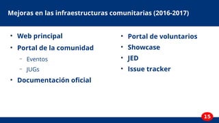 15
Mejoras en las infraestructuras comunitarias (2016-2017)
●
Web principal
●
Portal de la comunidad
– Eventos
– JUGs
●
Do...