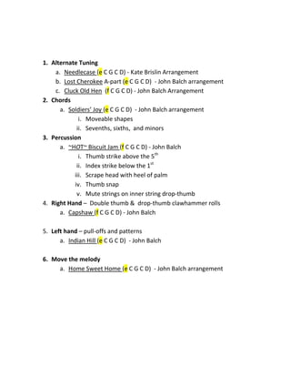 1. Alternate Tuning
a. Needlecase (e C G C D) - Kate Brislin Arrangement
b. Lost Cherokee A-part (e C G C D) - John Balch ...