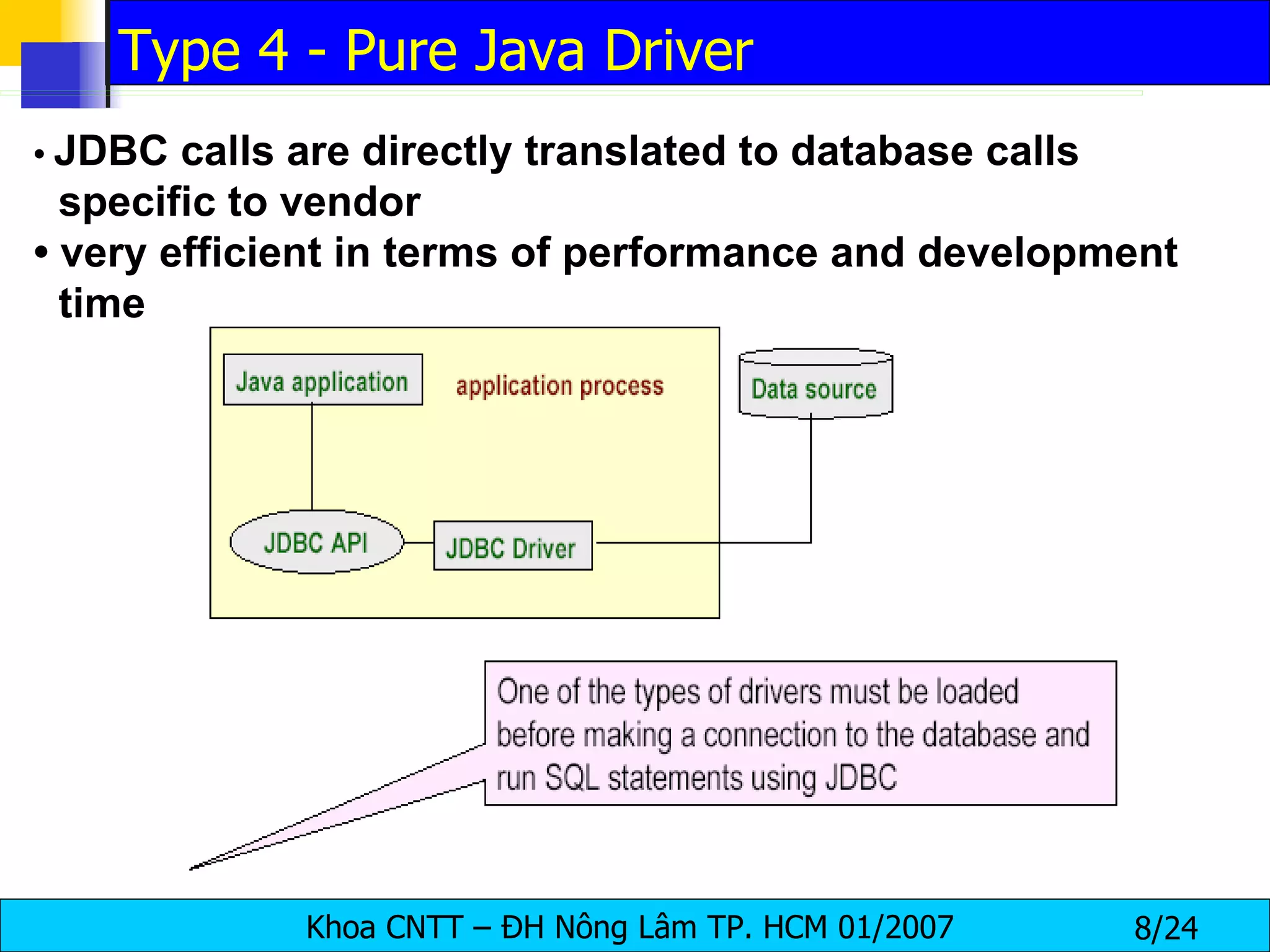 •  JDBC calls are directly translated to database calls specific to vendor •  very efficient in terms of performance and development time Type 4 - Pure Java Driver 