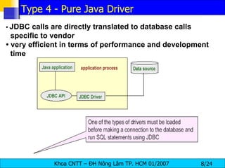•  JDBC calls are directly translated to database calls specific to vendor •  very efficient in terms of performance and development time Type 4 - Pure Java Driver 