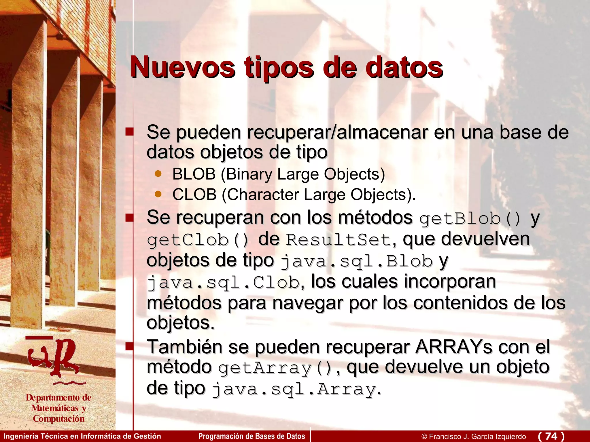 Nuevos tipos de datos Se pueden recuperar/almacenar en una base de datos objetos de tipo BLOB (Binary Large Objects)  CLOB (Character Large Objects).  Se recuperan con los métodos  getBlob()  y  getClob()  de  ResultSet , que devuelven objetos de tipo  java.sql.Blob  y  java.sql.Clob , los cuales incorporan métodos para navegar por los contenidos de los objetos. También se pueden recuperar ARRAYs con el método  getArray() , que devuelve un objeto de tipo  java.sql.Array . 