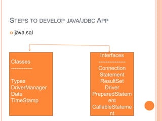 Steps to develop java/jdbc Appjava.sqlClasses------------TypesDriverManagerDateTimeStampInterfaces ---------------ConnectionStatementResultSetDriverPreparedStatementCallableStatement