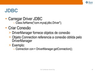 JDBC Carregar Driver JDBC Class.forName("com.mysql.jdbc.Driver"); Criar Conexão DriverManager fornece objetos de conexão Objeto Connection referencia a conexão obtida pelo DriverManager Exemplo: Connection con = DriverManager.getConnection(); 