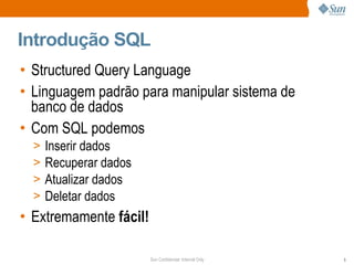 Introdução SQL Structured Query Language Linguagem padrão para manipular sistema de banco de dados Com SQL podemos Inserir dados Recuperar dados Atualizar dados Deletar dados Extremamente  fácil! 