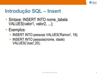 Introdução SQL – Insert Sintaxe: INSERT INTO nome_tabela VALUES(valor1, valor2, ...); Exemplos: INSERT INTO pessoas VALUES('Ramon', 19); INSERT INTO pessoas(nome, idade) VALUES('Joao',20); 