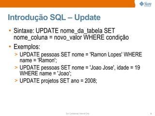 Introdução SQL – Update Sintaxe: UPDATE nome_da_tabela SET nome_coluna = novo_valor WHERE condição Exemplos: UPDATE pessoas SET nome = 'Ramon Lopes' WHERE name = 'Ramon'; UPDATE pessoas SET nome = 'Joao Jose', idade = 19 WHERE name = 'Joao'; UPDATE projetos SET ano = 2008; 