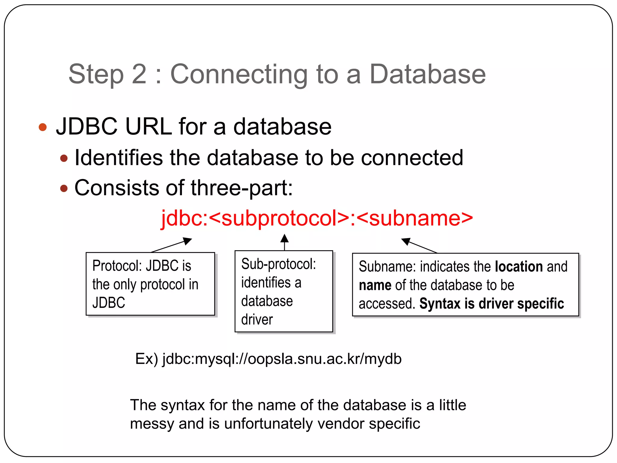 Step 2 : Connecting to a Database
 JDBC URL for a database
  Identifies the database to be connected
  Consists of three-part:
                 jdbc:<subprotocol>:<subname>

    Protocol: JDBC is
     Protocol: JDBC is      Sub-protocol:
                             Sub-protocol:   Subname: indicates the location and
                                             Subname: indicates the location and
    the only protocol in
     the only protocol in   identifies a
                             identifies a    name of the database to be
                                             name of the database to be
    JDBC
     JDBC                   database
                             database        accessed. Syntax is driver specific
                                             accessed. Syntax is driver specific
                            driver
                             driver

            Ex) jdbc:mysql://oopsla.snu.ac.kr/mydb
 
