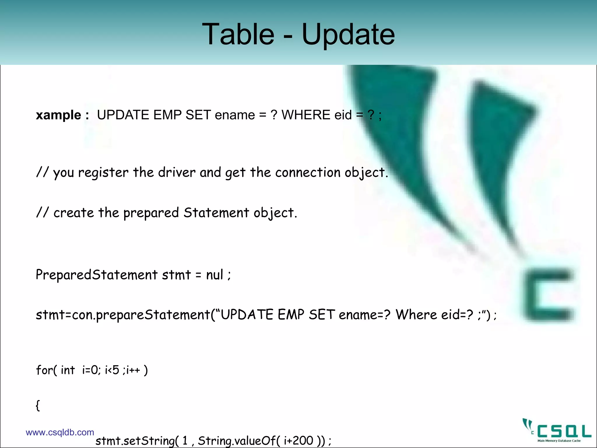 Example :  UPDATE EMP SET ename = ? WHERE eid = ? ; // you register the driver and get the connection object. // create the prepared Statement object. PreparedStatement stmt = nul ; stmt=con.prepareStatement(“UPDATE EMP SET ename=? Where eid=? ; ”) ; for( int  i=0; i<5 ;i++ )  { stmt.setString( 1 , String.valueOf( i+200 )) ; stmt.setInt(2,i) ; ret = stmt . executeUpdate(); if(ret !=1) break ; count++; } stmt.close(); con . commit() ; con . close() ;   Table - Update www.csqldb.com 