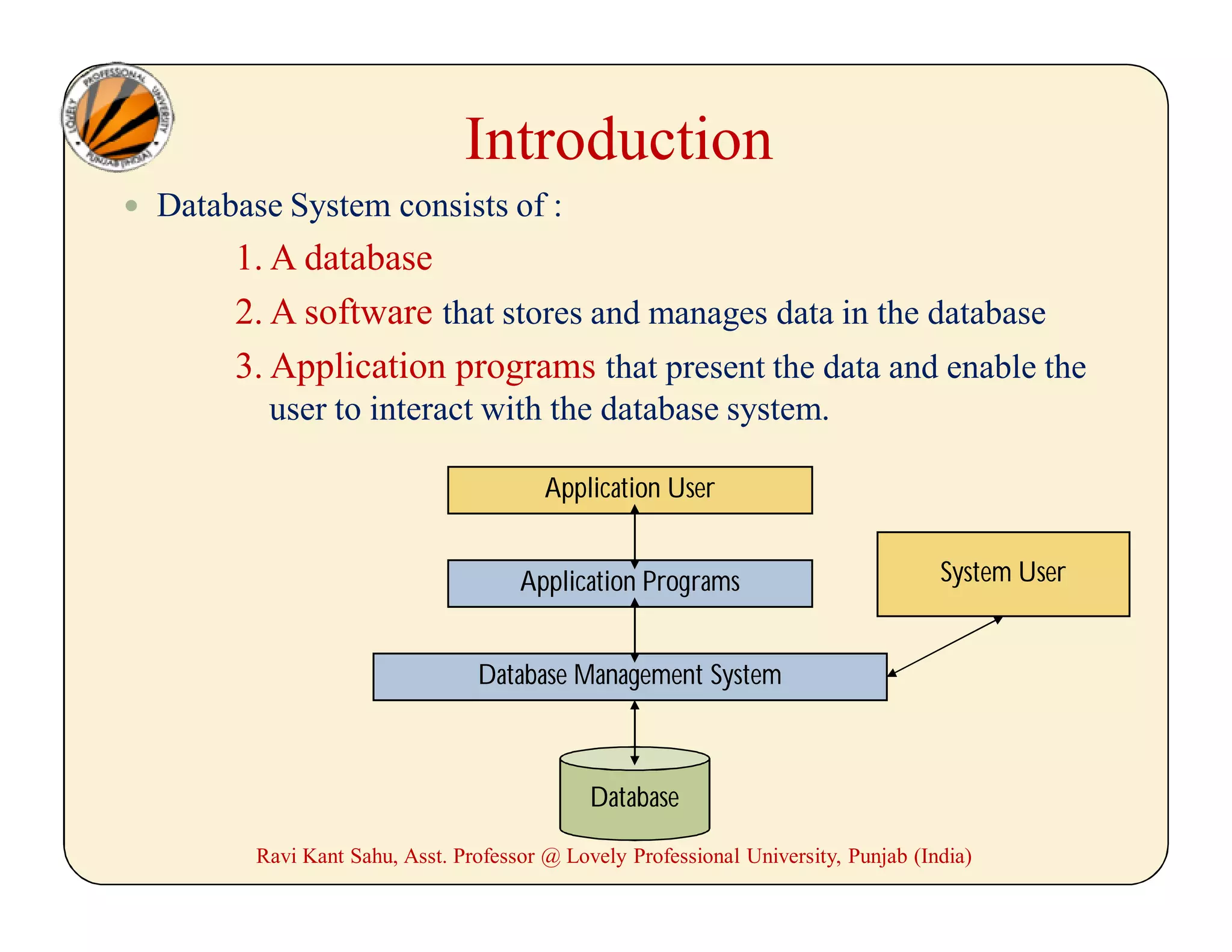Introduction
 Database System consists of :
1. A database
2. A software that stores and manages data in the database
3. Application programs that present the data and enable the
user to interact with the database system.
Application Programs
Database Management System
Database
Application User
System User
Ravi Kant Sahu, Asst. Professor @ Lovely Professional University, Punjab (India)
 