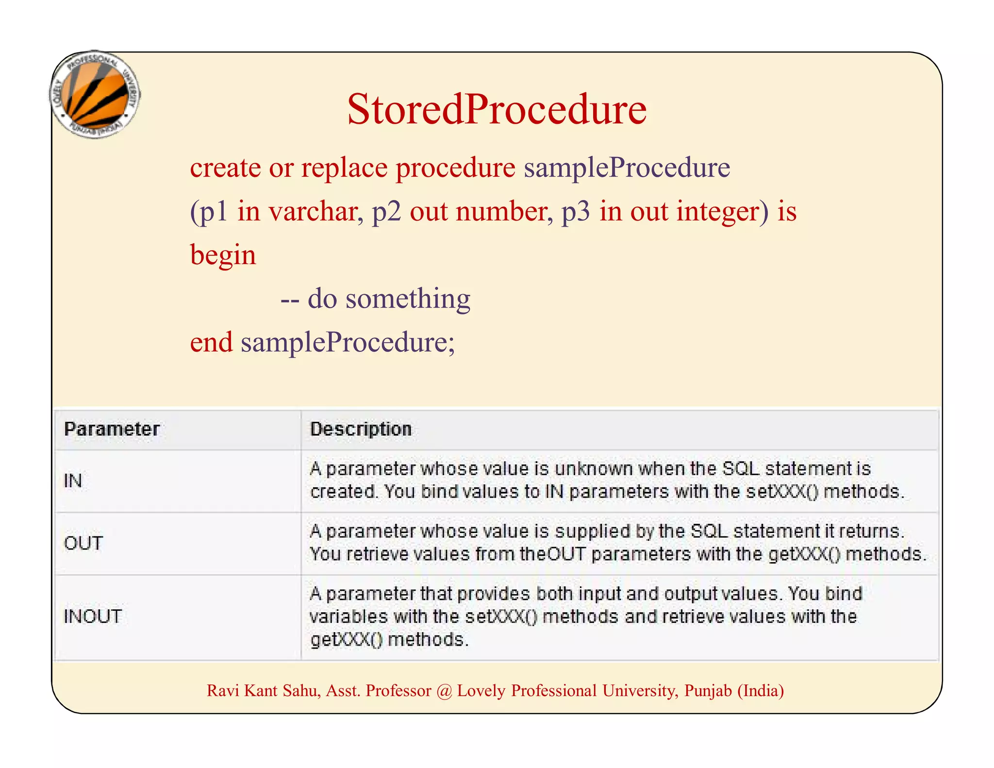 create or replace procedure sampleProcedure
(p1 in varchar, p2 out number, p3 in out integer) is
begin
-- do something
end sampleProcedure;
Parameters: PreparedStatement uses only IN parameter, while
CallableStatement uses all three.
Ravi Kant Sahu, Asst. Professor @ Lovely Professional University, Punjab (India)
StoredProcedure
 