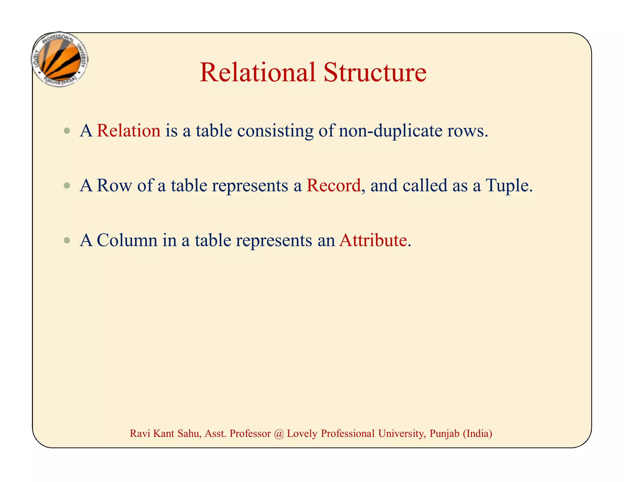 Relational Structure
 A Relation is a table consisting of non-duplicate rows.
 A Row of a table represents a Record, and called as a Tuple.
 A Column in a table represents an Attribute.
Ravi Kant Sahu, Asst. Professor @ Lovely Professional University, Punjab (India)
 