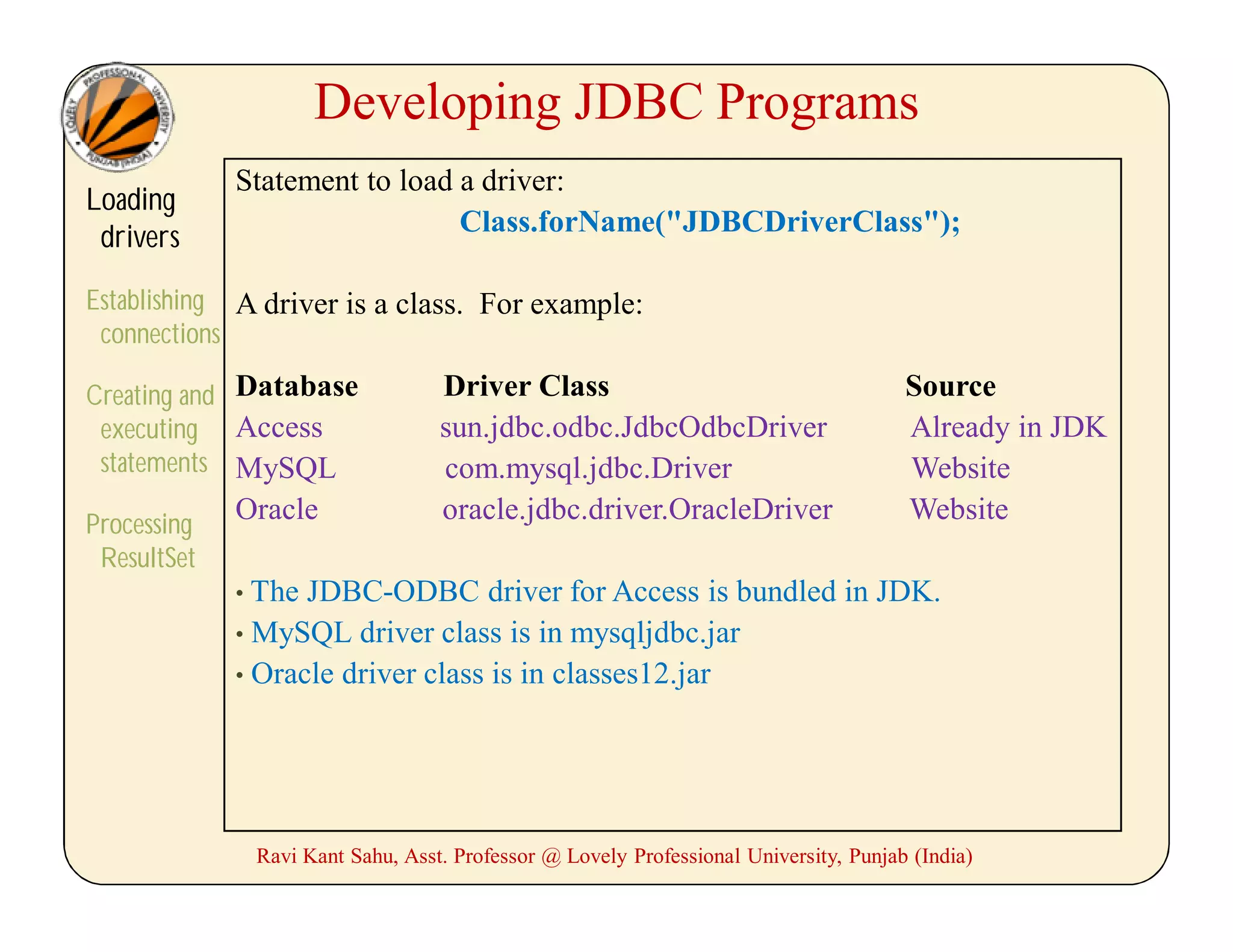 Developing JDBC Programs
Loading
drivers
Establishing
connections
Creating and
executing
statements
Processing
ResultSet
Statement to load a driver:
Class.forName("JDBCDriverClass");
A driver is a class. For example:
Database Driver Class Source
Access sun.jdbc.odbc.JdbcOdbcDriver Already in JDK
MySQL com.mysql.jdbc.Driver Website
Oracle oracle.jdbc.driver.OracleDriver Website
• The JDBC-ODBC driver for Access is bundled in JDK.
• MySQL driver class is in mysqljdbc.jar
• Oracle driver class is in classes12.jar
Ravi Kant Sahu, Asst. Professor @ Lovely Professional University, Punjab (India)
 