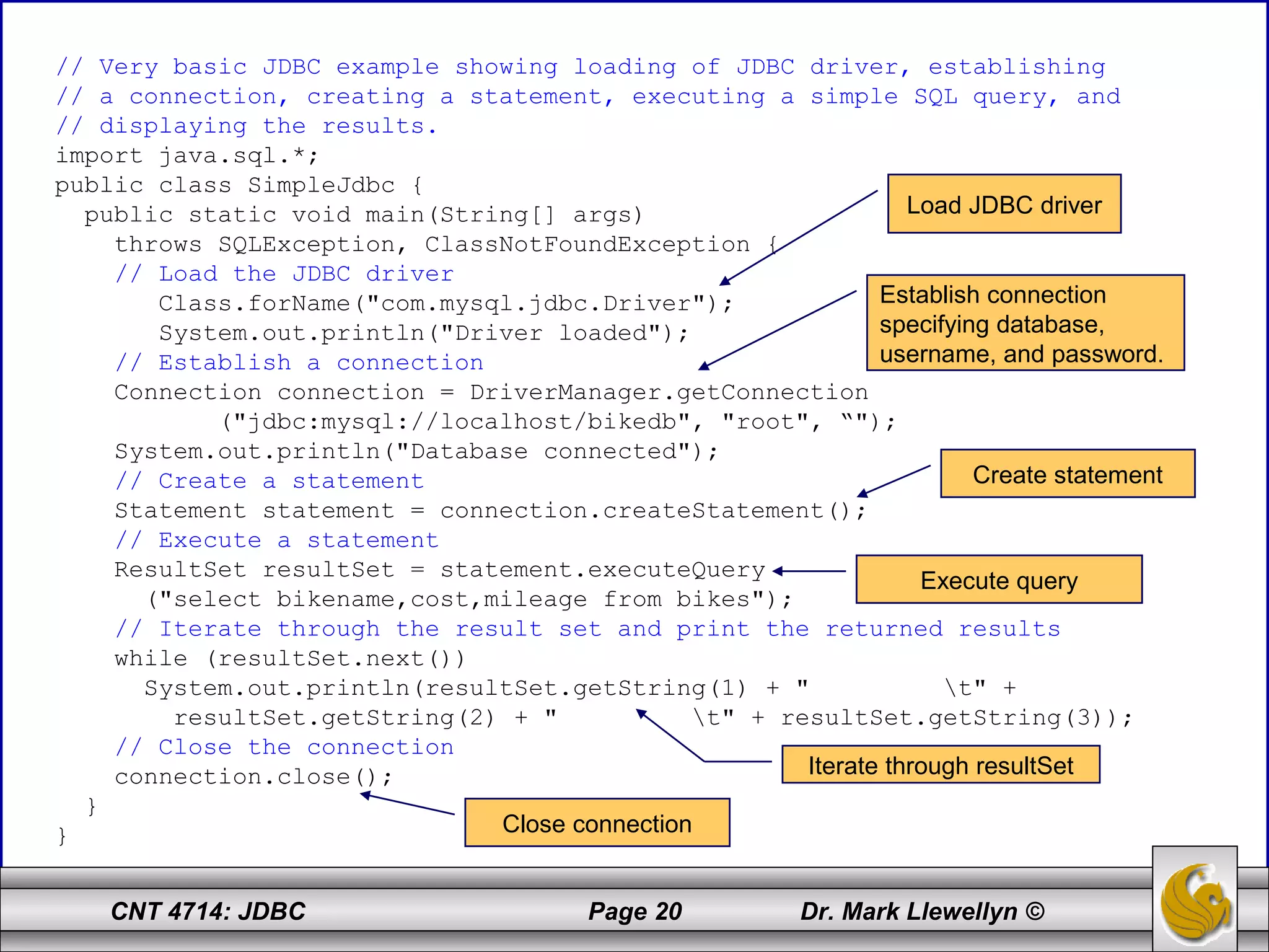 CNT 4714: JDBC Page 20 Dr. Mark Llewellyn ©
// Very basic JDBC example showing loading of JDBC driver, establishing
// a connection, creating a statement, executing a simple SQL query, and
// displaying the results.
import java.sql.*;
public class SimpleJdbc {
public static void main(String[] args)
throws SQLException, ClassNotFoundException {
// Load the JDBC driver
Class.forName("com.mysql.jdbc.Driver");
System.out.println("Driver loaded");
// Establish a connection
Connection connection = DriverManager.getConnection
("jdbc:mysql://localhost/bikedb", "root", “");
System.out.println("Database connected");
// Create a statement
Statement statement = connection.createStatement();
// Execute a statement
ResultSet resultSet = statement.executeQuery
("select bikename,cost,mileage from bikes");
// Iterate through the result set and print the returned results
while (resultSet.next())
System.out.println(resultSet.getString(1) + " t" +
resultSet.getString(2) + " t" + resultSet.getString(3));
// Close the connection
connection.close();
}
}
Load JDBC driver
Establish connection
specifying database,
username, and password.
Create statement
Execute query
Iterate through resultSet
Close connection
 