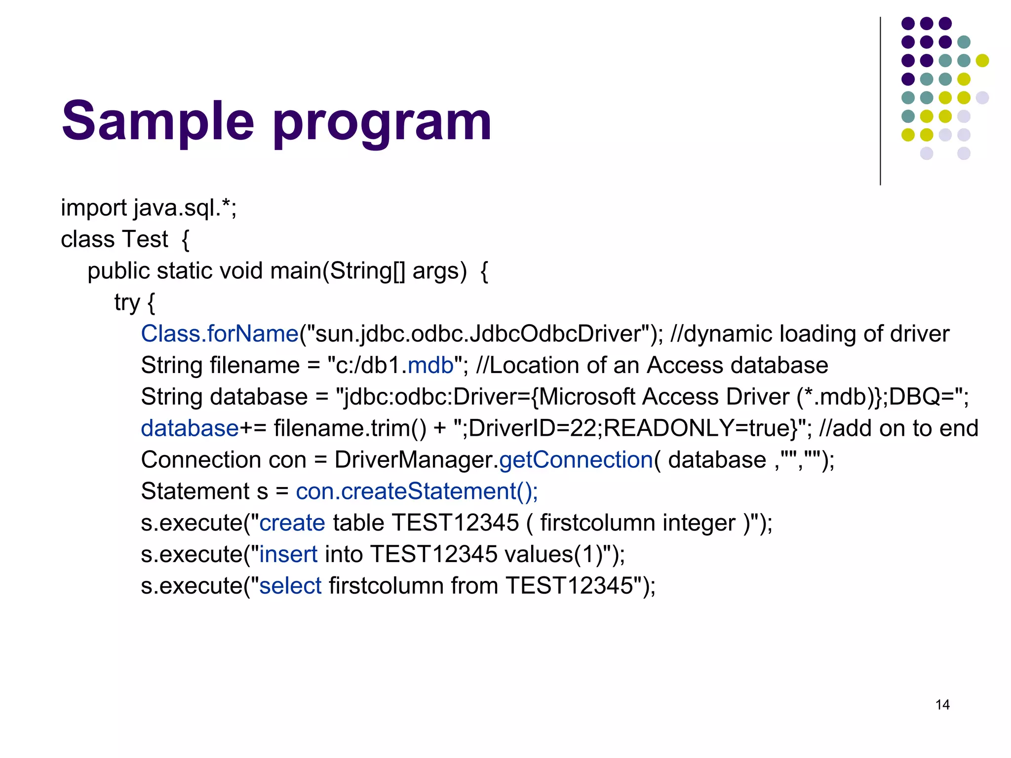 14 
Sample program 
import java.sql.*; 
class Test { 
public static void main(String[] args) { 
try { 
Class.forName("sun.jdbc.odbc.JdbcOdbcDriver"); //dynamic loading of driver 
String filename = "c:/db1.mdb"; //Location of an Access database 
String database = "jdbc:odbc:Driver={Microsoft Access Driver (*.mdb)};DBQ="; 
database+= filename.trim() + ";DriverID=22;READONLY=true}"; //add on to end 
Connection con = DriverManager.getConnection( database ,"",""); 
Statement s = con.createStatement(); 
s.execute("create table TEST12345 ( firstcolumn integer )"); 
s.execute("insert into TEST12345 values(1)"); 
s.execute("select firstcolumn from TEST12345"); 
 