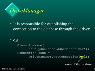 242-301 Adv. CoE Lab: JDBC 13
DriveManager
• It is responsible for establishing the
connection to the database through the driver
.
• e.g.
Class.forName(
"sun.jdbc.odbc.JdbcOdbcDriver");
Connection conn =
DriveManager.getConnection(url);
name of the database
 
