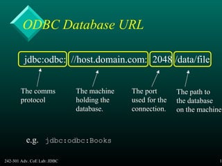 242-301 Adv. CoE Lab: JDBC 15
ODBC Database URL
jdbc:odbc: //host.domain.com: 2048 /data/file
The comms
protocol
The machine
holding the
database.
The port
used for the
connection.
The path to
the database
on the machine
e.g. jdbc:odbc:Books
 