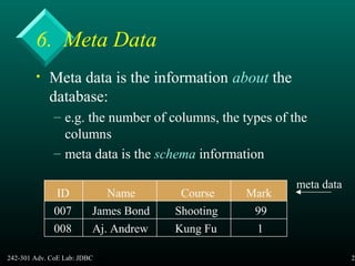 242-301 Adv. CoE Lab: JDBC 28
6. Meta Data
• Meta data is the information about the
database:
– e.g. the number of columns, the types of the
columns
– meta data is the schema information
ID Name Course Mark
007 James Bond Shooting 99
008 Aj. Andrew Kung Fu 1
meta data
 