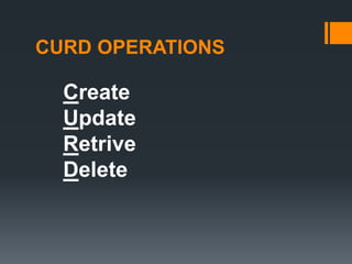 CURD OPERATIONS
Create
Update
Retrive
Delete
 