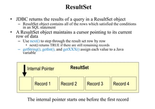 ResultSet
• JDBC returns the results of a query in a ResultSet object
– ResultSet object contains all of the rows which satisfied the conditions
in an SQL statement
• A ResultSet object maintains a cursor pointing to its current
row of data
– Use next() to step through the result set row by row
• next() returns TRUE if there are still remaining records
– getString(), getInt(), and getXXX() assign each value to a Java
variable
Record 1 Record 2 Record 3 Record 4
ResultSetInternal Pointer
The internal pointer starts one before the first record
 