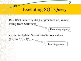 Executing SQL Query
ResultSet rs=s.executeQuery("select sid, sname,
rating from Sailors");
s.executeUpdate("insert into Sailors values
(80,'ravi',6, 23)");
Executing a query
Inserting a row
 