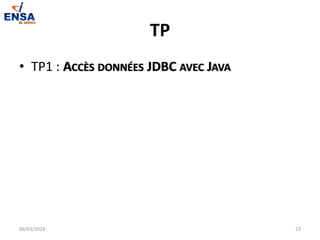 TP
• TP1 : ACCÈS DONNÉES JDBC AVEC JAVA
06/03/2024 23
 